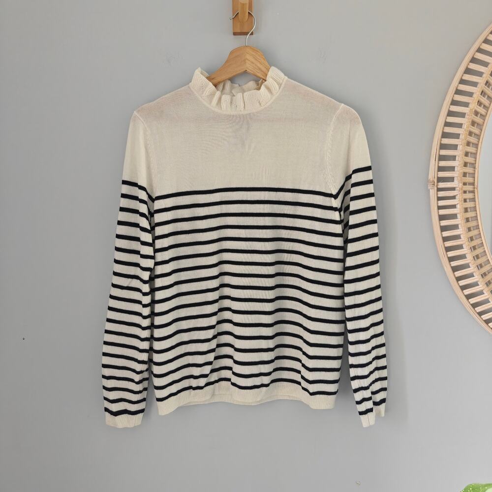 SEZANE Raphael Merino Wool Striped Ruffle Neck Sweater Ecru Navy M EUC